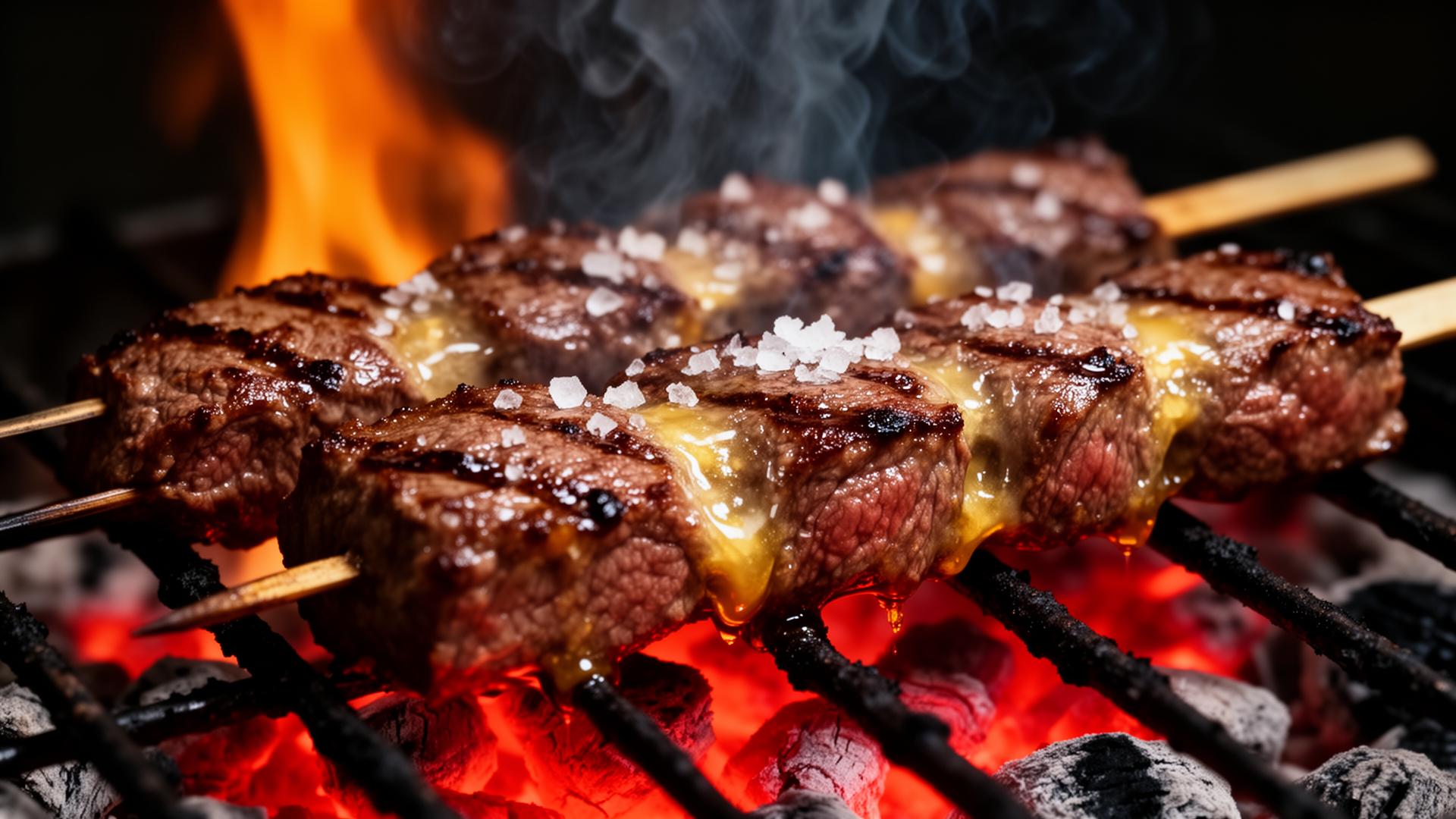 Espetinhos de picanha grelhando na brasa
